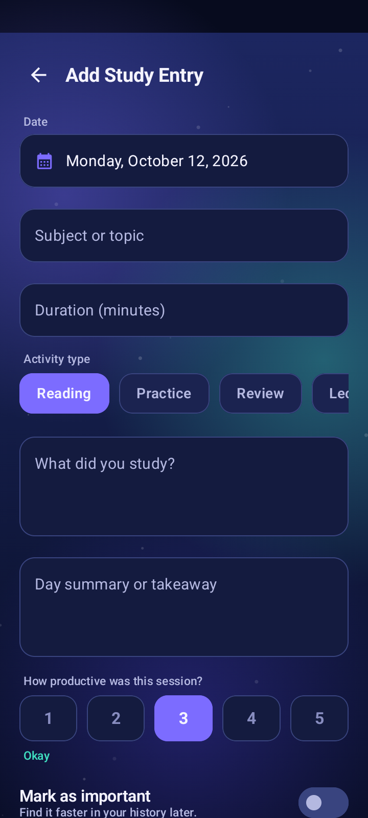 EduLog Notebook add study entry screen