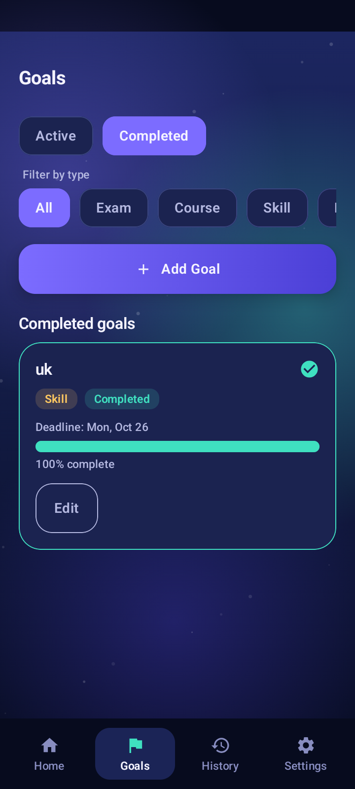 EduLog Notebook goals screen